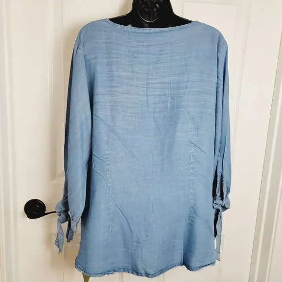 1511 Inc Top Woman XLarge Blue Chambray Fitted Tie Sleeve V-Neck Casual Boho Y2K - Picture 5 of 14